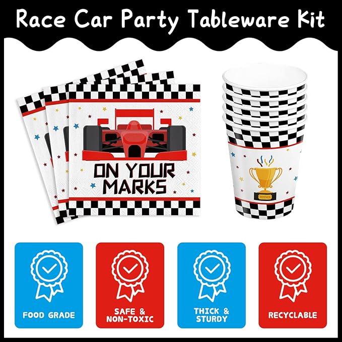 120pcs Racing Car Party Plates Napkins Checked Race Car Birthday Supplies Boys Kids Disposable Tableware Set Paper Cups Forks for Race Car Theme Party Decorations,24 Guests