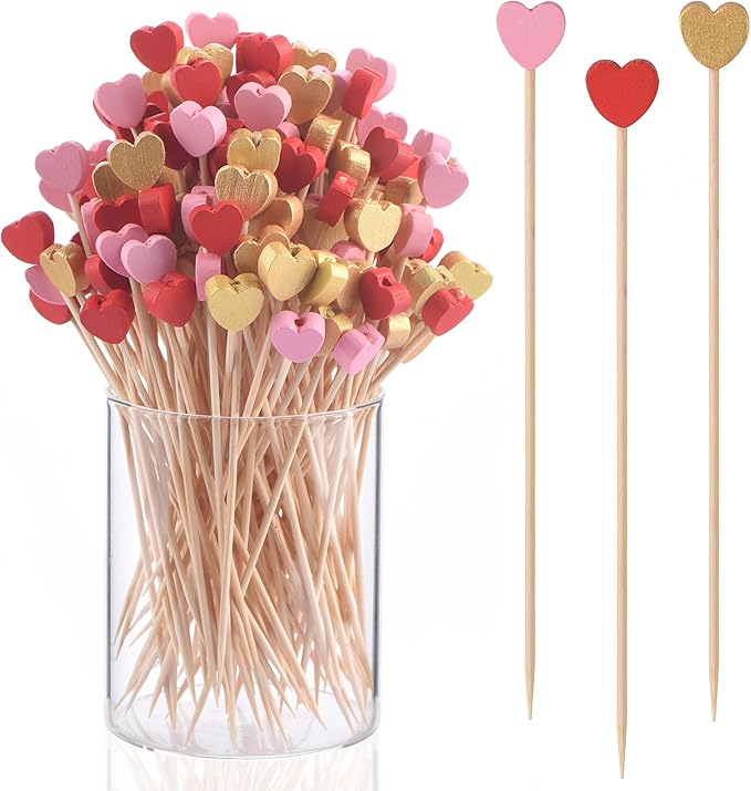 JtmyAota 100 Pack Heart-Shaped Bamboo Cocktail Picks, 4.7" Heart Toothpicks for Appetizers, Natural Bamboo Food Picks for Valentines Wedding Birthday Party Decoration
