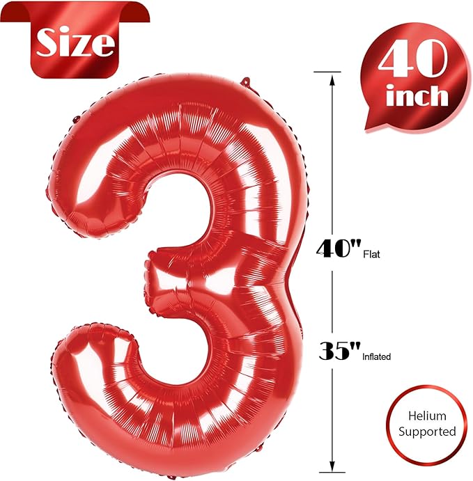 Red 3 Balloon, Number Balloon 40 Inch, 3rd Three Year Old Birthday Deco for Red Party Decorations, Number 3 Balloon