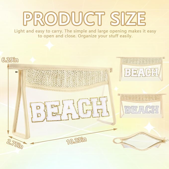 Iqimott Boho Patch Stuff Bag Clear Makeup Letter Bag, Waterproof Zipper Make up Bag Toiletry Pouch, Beach-Beige