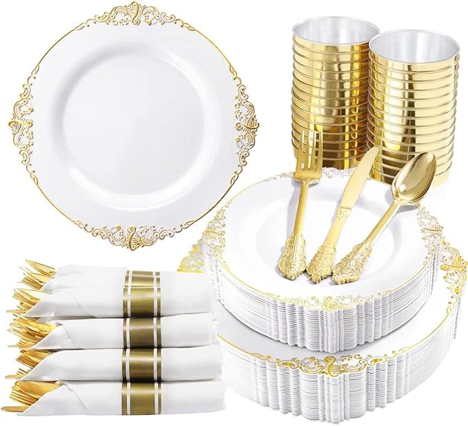 Nervure 350PCS Gold Plastic Plates - Gold Plastic Dinnerware Sets for 50 Guests - 100 Disposable Plates, 150 Silverware, 50 Cups, 50 Napkins for Wedding & Party