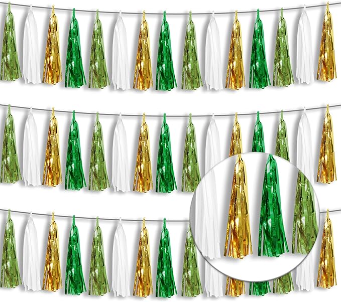 3P Metallic Fringe Tassel Banner Garland Foil Tinsel Streamer Wall Hanging Curtain Backdrop Banners for Parade Floats, Graduation Decorations, Woodland Party Decoration(Sage-Green Gold)