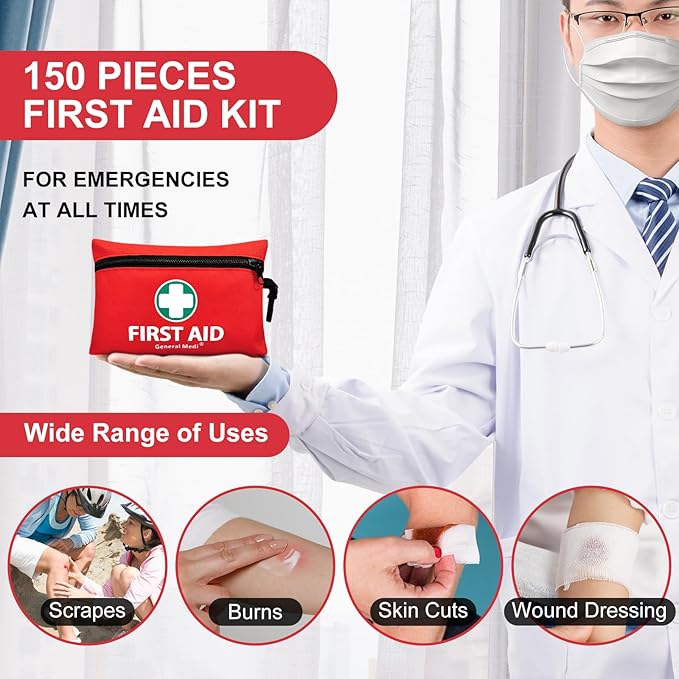 General Medi Mini First Aid Kit, 150 Piece Small First Aid Kit - Includes Emergency Foil Blanket, Scissors for Travel, Home, Office, Vehicle, Camping, Workplace & Outdoor (Red)