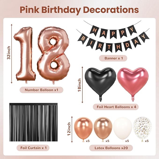 18th Birthday Decorations for Women - Rose Gold, Black and Hot Pink Party Supplies Set with Happy 18th Banner, Number 18 Balloons and Foil Fringe Curtains - 18 Year Old Celebration Kit