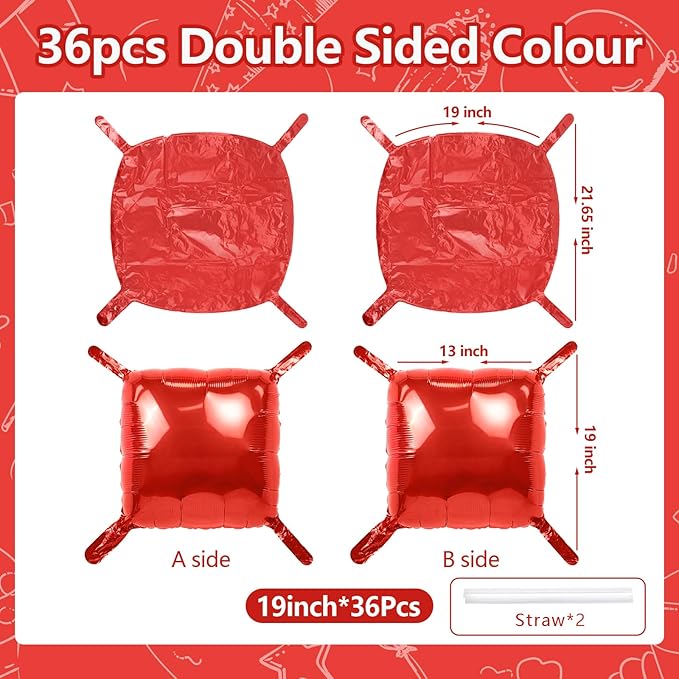 NISOCY 36PCS Red Square Foil Balloons Wall Backdrop Metallic Double Sided Red Christmas Balloons Tunnel Arch Kit for Birthday Baby Shower Valentine‘s Day Party Decoration