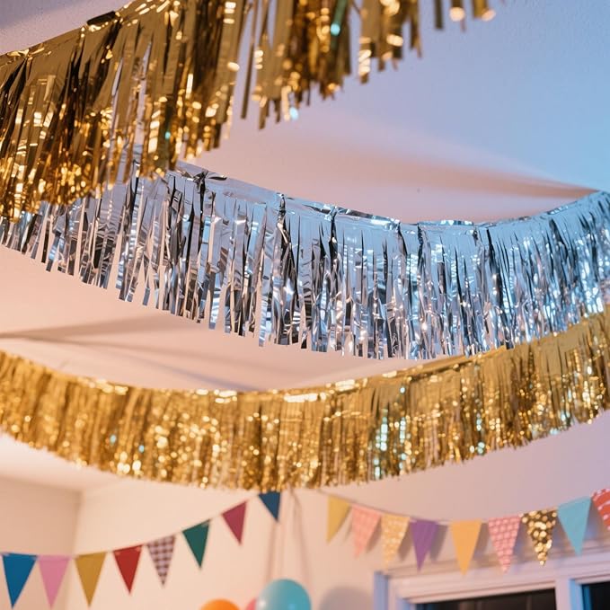 3 Pack Gold Total 30 Feet Foil Fringe Garland Metallic Tinsel Banner Wall Hanging Drapes Parade Float Skirting Decorations for Trailer Mardi Gras Party Birthday Wedding Baby Shower (Gold)