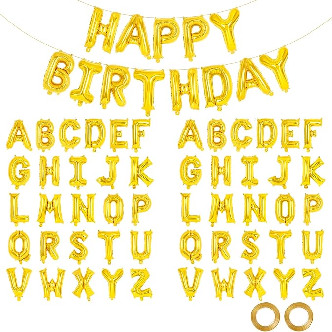 65 Pcs Gold Happy Birthday Balloons and 2 Sets A-Z Letters Foil Balloons, 16 Inch Personalized Name Happy Birthday Banners for Wedding Baby Shower Anniversary Party Decorations (Gold)