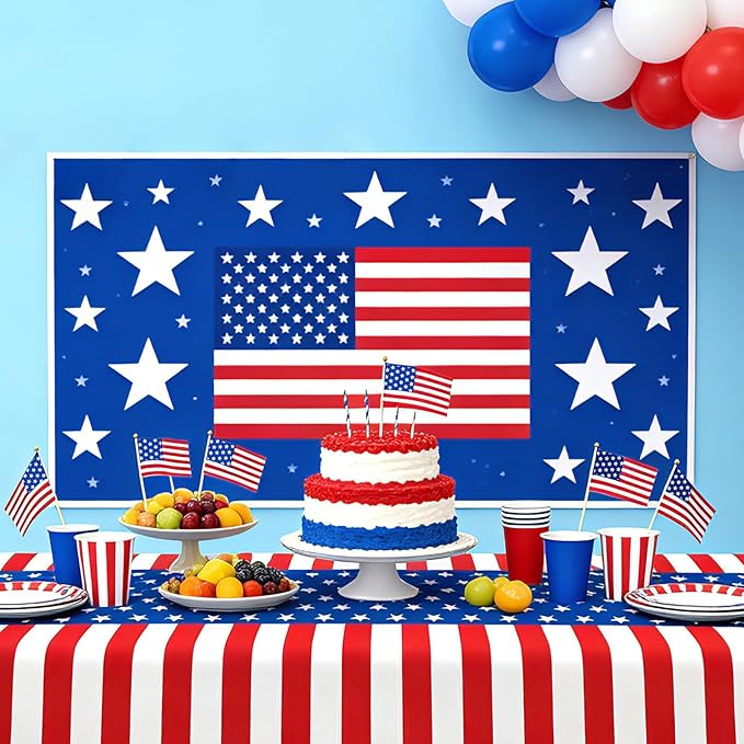 4th of July Tablecloth, Patriotic Plastic Tablecloths 54"x108", Fourth of July Table Decorations Red White and Blue American Table Covers 8 Pack, Patriotic Decorations Memorial Day Party Supplies