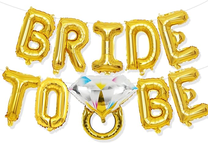 Bachelorette Party Decorations, Gold Bride To Be Bridal Shower Letter Balloons Banner with Engagement Diamond Ring Mylar Foil Balloon for Wedding Photo Booth Hen Night Room Party Decor