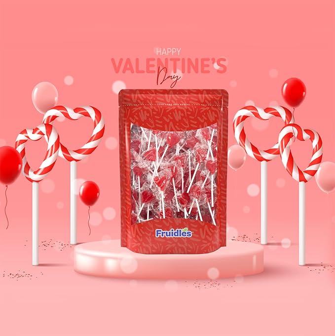 Fruidles 120 Lollipops Mini Red Heart Shaped Strawberry Flavored Individually Wrapped, 5g 120 Lollipops 2 Pounds