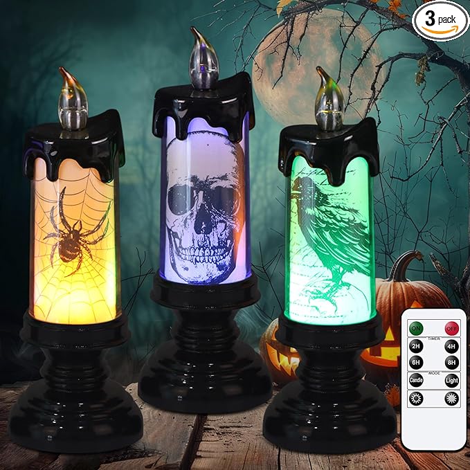 Eldnacele Halloween Flameless Candle Lamp Battery Operated with Remote and Timer, Spooky Horror Skull Crow Spider Decals LED Candle Lights Indoor Home Decor Candles Set of 3, 2.8" D x 7.8" H