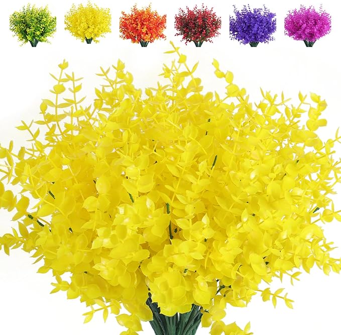 RECUTMS Artificial Flowers, Fake Outdoor UV Resistant Plants Faux Plastic Greenery Shrubs Indoor Outside Hanging Planter Home Kitchen Office Wedding, Garden Decor(Pure Yellow Eucalyptus)