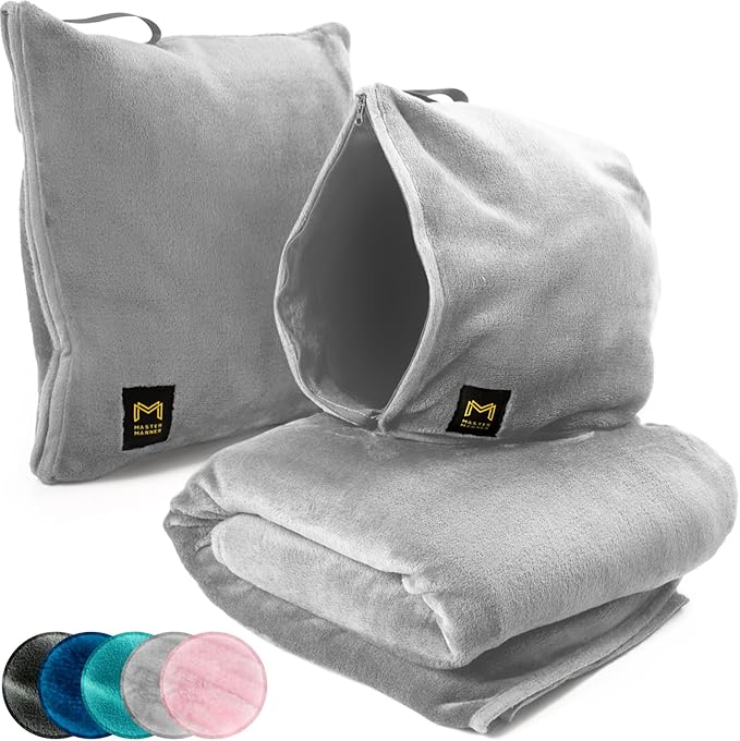 Travel Blanket Airplane Compact with Hoodie – 2in1 Airplane Travel Accessories from Plane Blanket to Travel Pillow with Luggage Strap, Soft Handle & Secure Pocket