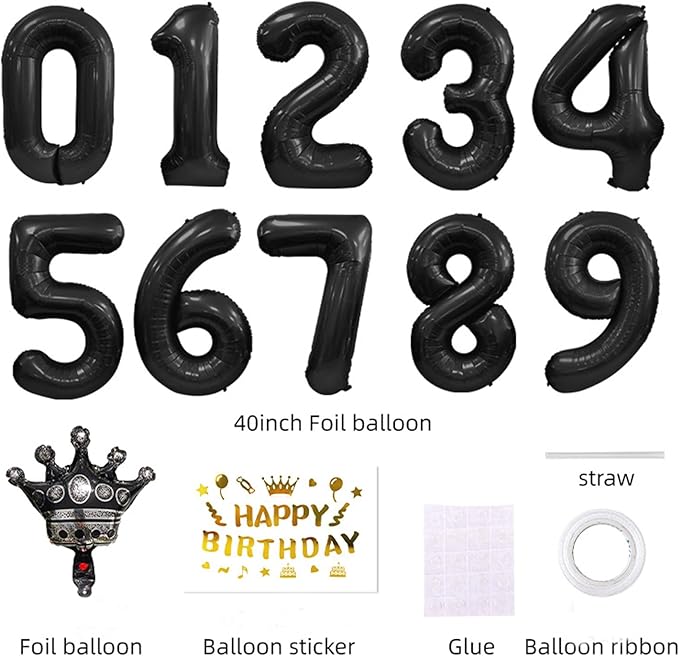 40 Inch Large Black Number Balloons Crown Big Black Digit Foil Mylar Balloons for Baby Shower Wedding Birthday Party Supplies (black 7)