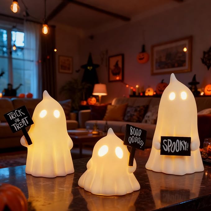 FORUP Halloween Ghost Decor, Set of 3 Lighted Cute Ghost for Halloween Indoor Home Table Decorations