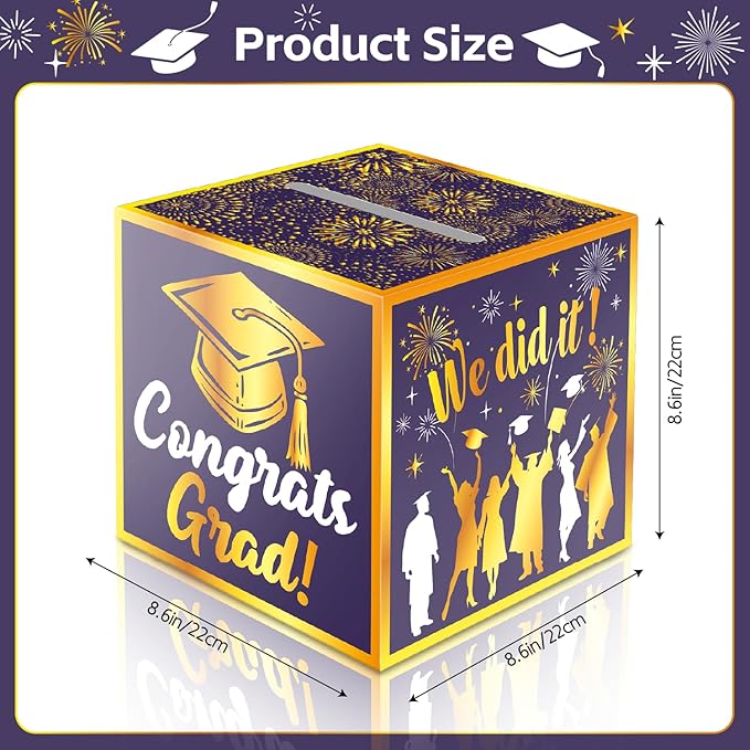 JWSCYSY Graduation Card Box Holder, Congrats Grad Foldable Cardboard Decorations Box for Graduation Party Favors Decor Party Supplies (Purple Gold)