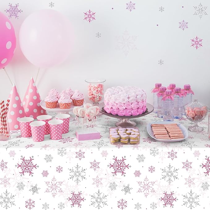 3 Pcs Christmas Snowflake Party Tablecloths Decorations,Plastic Pink Winter Onederland Rectangle Table Cover for Christmas New Year Girls 1st Birthday Baby Shower Holiday Party Decorations,54x108 inch