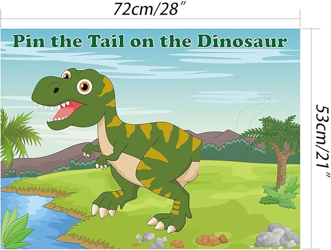 FEPITO Pin The Tail on The Dinosaur Game with 24 Pcs Tails for Dinosaur Birthday Party Supplies, Boys Dinosaur Party Game