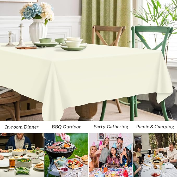Mulbozy 2 Pcs Ivory Plastic Tablecloth for Rectangle Table, 54 × 108 inches Disposable Ivory Party Table Covers for Birthday, Anniversary, Wedding, Fine Dining, Graduation Party Decoration