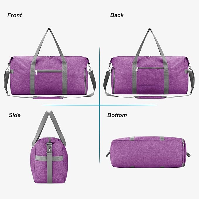 Felipe Varela Carry on luaggage Airlines Approved, Foldable Carry on Bag Travel Duffel Bags Overnight weekender Gym Duffle Carry Bag with Wet Pocket & Shoe Compartment for Women Men (Purple, 40L)