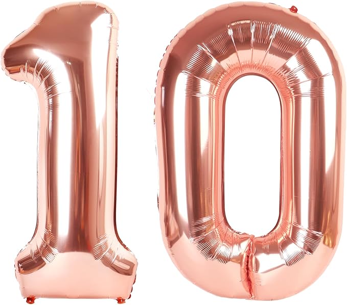 40 Inch Number 10 Balloons, Rose Gold Balloons for Woman Man 10th Birthday Party Decoration, Foil Number Ballon for 10, 100 Anniversary, Bridal Shower, Graduation, Wedding, Valentine's Day