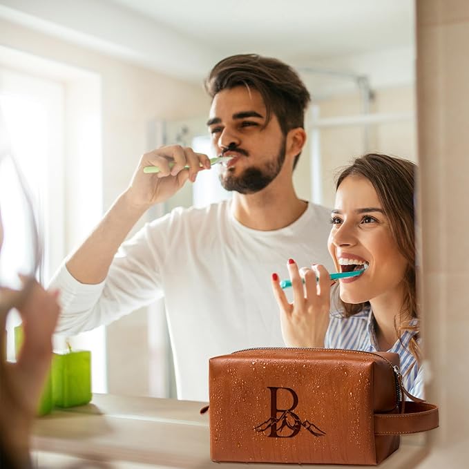 Personalized Gifts Travel Toiletry Bag for Men Engraved Initial PU Leather Waterproof Shaving Bag for Toiletries Accessories Fathers Day Birthday Gift for Men Dad Husband Son, Light Brown V