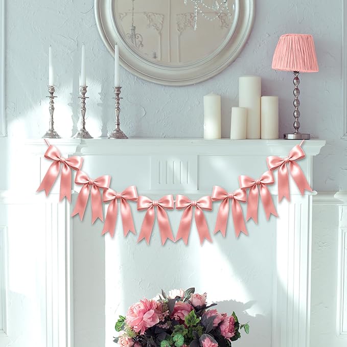 1 String of 8PCS Rose Pink Bow Garland Banner Decoration,Pre-Strung Satin Ribbon Ornaments for Birthday,Bachelorette Party,Bridal Shower,Wedding,Engagement,Baby Shower,Graduation Decor,Anniversary