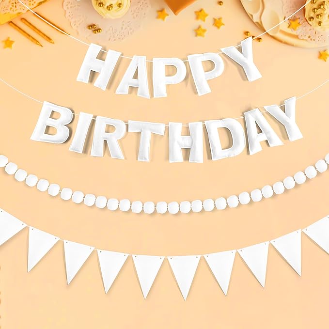 CANREVEL Pre-Strung 3D Rainbow Happy Birthday Banner, 3 PCS Happy Birthday Felt Sign, Pom Pom Garland, Triangle Fabric Bunting, Colorful Reusable Birthday Decorations for Women Men Girls Boys, White