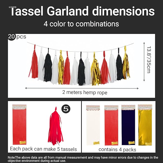 Red Black White Gold Paper Tassel, 20 Pack, Party Decorations for Birthday, Baby Shower, Sprot Game,Graduation