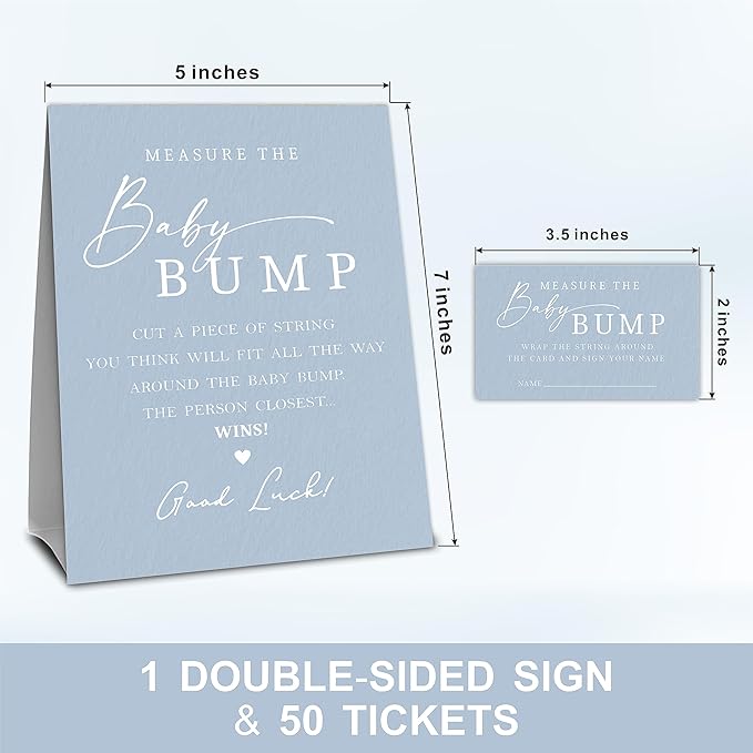 Navy Blue Baby Shower Measure The Baby Bump, Measure Mommy's Belly Game Set - 1 Self-Standing Sign And 50 Tickets - Gender Reveal, Baby Shower, Baby Announcement Activity & Party Favor Supplies - A07
