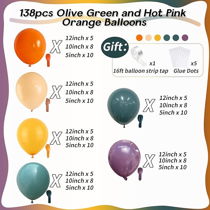 124PCS Rainbow Balloon Arch Kit, Assorted Colorful Balloon Garland with Dusty Slate Blue Retro Orange Balloons, Mustard Yellow Beige Balloons for Baby Shower Boho Groovy Birthday Party Decorations