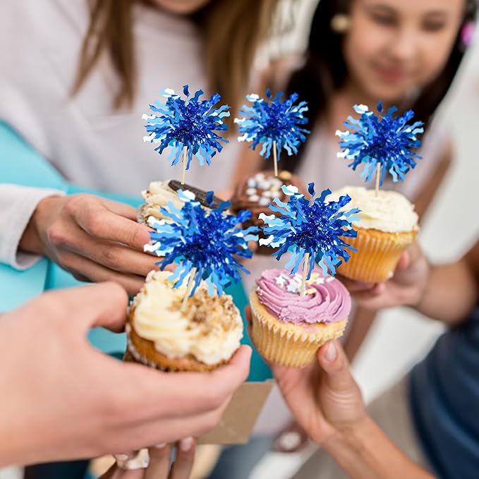 Gyufise 30Pcs Foil Firework Cupcake Toppers Happy Birthday Cake Toppers Sparkle Tinsel Flower Drink Stirrers Cocktail Food Fruit Toothpicks for Valentine's Day Party Supplies Blue