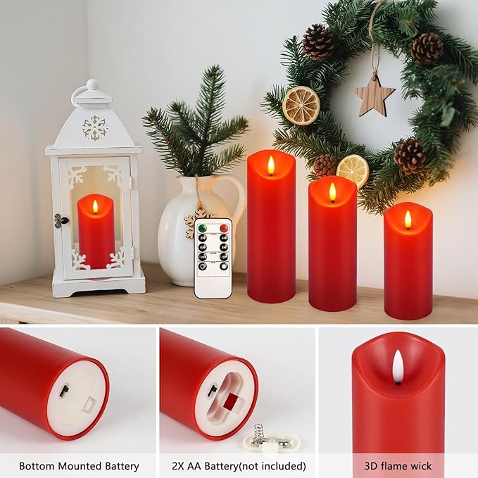 24 Pack Christmas Decoration Flickering Flameless Candles,LED Candles Battery Operated Pillar Candles with Remote Control.for New Year, Home Decor, Parties,Wedding(D2.2 xH 5" 6" 7" Red)