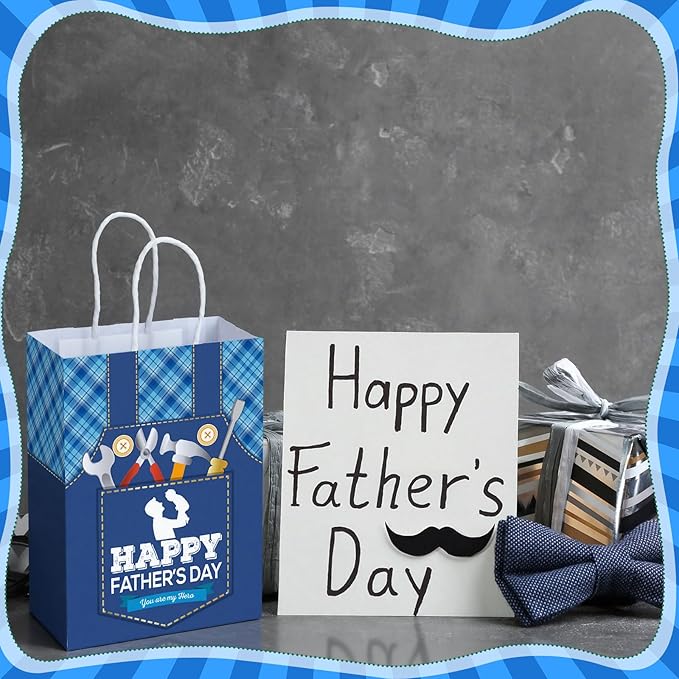 24 Pcs Fathers Day Party Gift Bags Happy Father's Day Paper Bags with Handles Dad Treat Goodie Present Boxes Blue Black Party Supplies for Dads Men Anniversary Birthday Decor