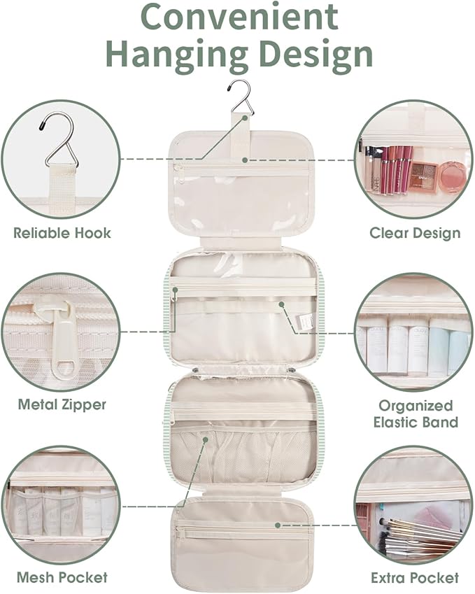 Narwey Striped Travel Toiletry Bag for Women Large Hanging Makeup Bag Organizer Toiletries Bag for Full Size Essentials Accessories Cosmetics (Mint Green Stripe (Large))