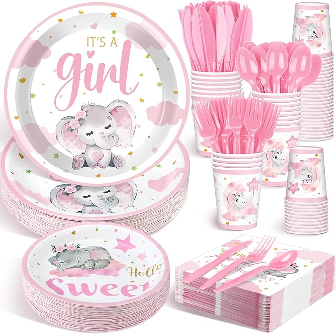 Dandat 350 Pcs Baby Shower Plates Set Baby Shower Party Supplies Serves 50 Tableware Sets Include Plates Napkin Cup Forks Knives Spoons Disposable Dinnerware(Elephant,Pink)