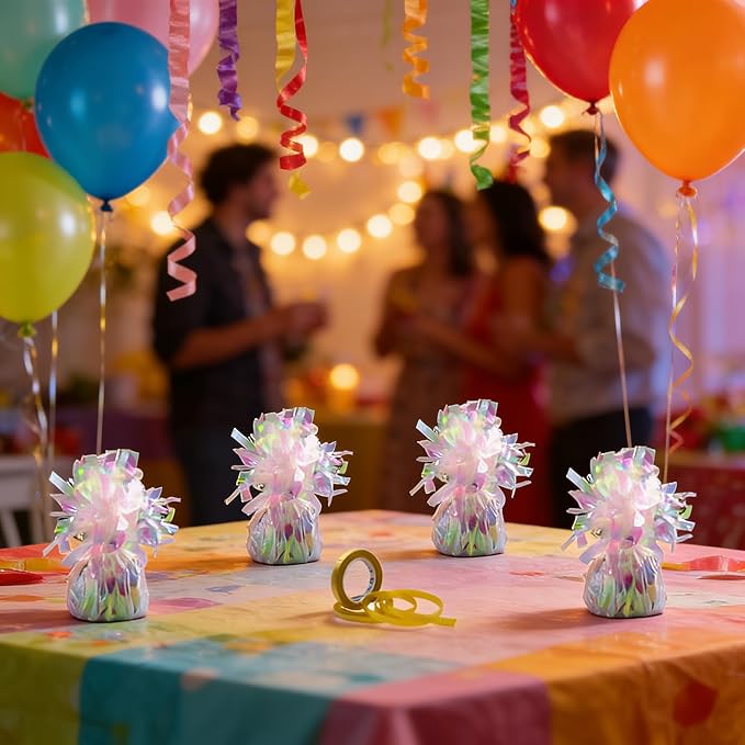 Aluminum Foil Balloon Weights for Parties (24 pcs) - 0.31lb (140g) Each - Premium Balloon Anchors for Birthday, Wedding, Dinner, Indoor & Outdoor Decorations(Lridescent 24pcs)