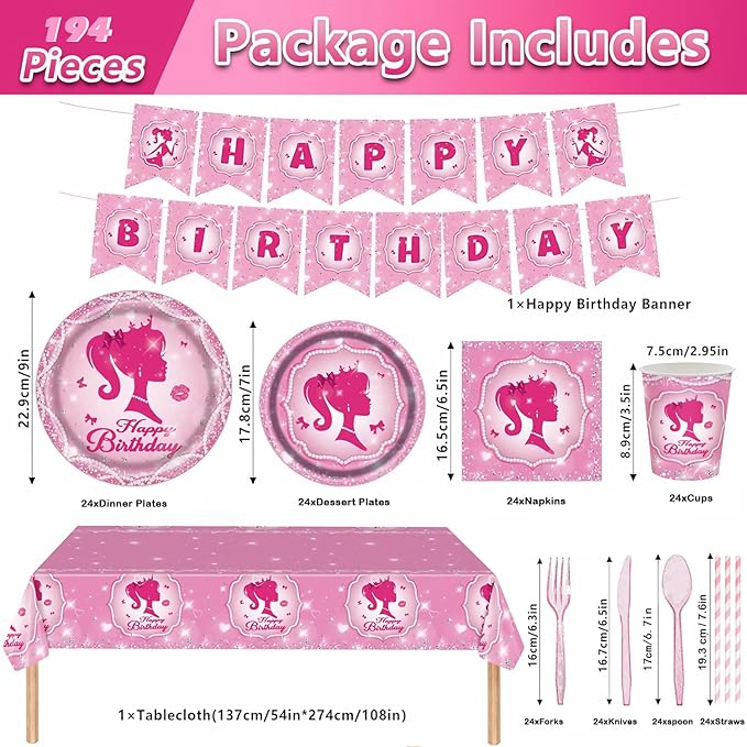 194 Pcs Pink Princess Party Supplies Kit for 24 Guests - Disposable Tableware Set with Plates Napkins Cups Cutlery Tablecloth & Banner, Ideal for Girls' Birthday Decorations