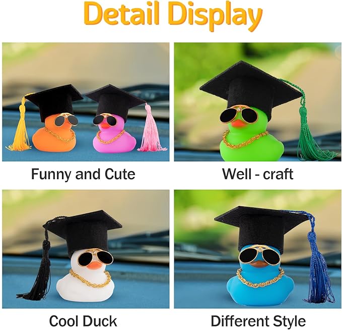 wonuu Car Dashboard Decor Graduation Hat Color Rubber Duck, Car Ducks Ornaments with Mini Graduation Hat Necklace Sunglasses (Green)