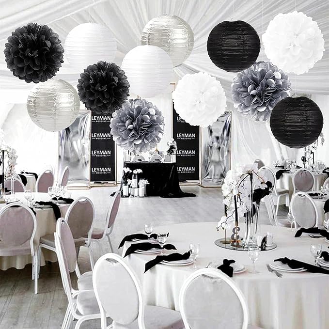 Black White Silver Party-Decorations Paper Flowers Lanterns - 15PCS Birthday Halloween Wedding Tissue Pom Poms Streamers, Halloween Prom Baby Shower Bachelorette Hanging Supplies Decor Hugfond