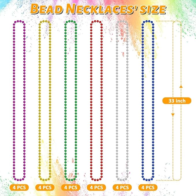 Mardi Gras Beads, 24PCS Metallic Colorful Bead Necklace Party Favors, 6 Kinds of 33" Beaded Necklace Costume Women Men Stuff, Festival Parade Throw Accessories for Wedding Birthday Celebrations
