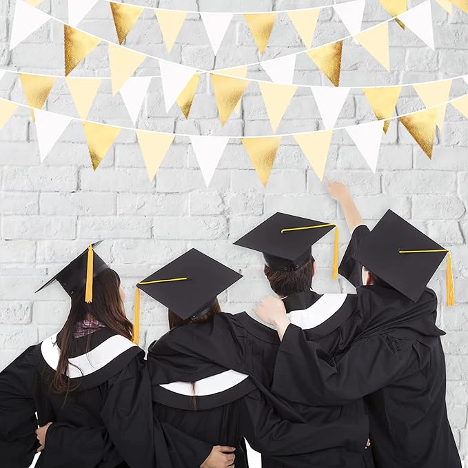White and Gold Party Decorations Gold Beige White Fabric Triangle Pennant Banner Flag Bunting Garland for Graduation Wedding Birthday Bridal Shower Anniversary Engagement Baptism Party Supplies