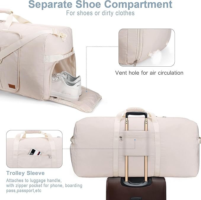 80L Large Duffle Bag for Travel, 26' Travel Duffel with Shoe Compartment, Foldable Collapsible Overnight Gym Weekender Bag for Men Women, Waterproof & Tear Resistant (Beige, 80L)