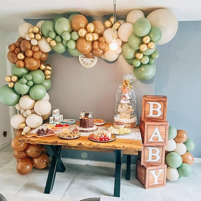 Baby Shower Boxes Party Decorations - 4 Wood Grain Brown Blocks with Baby Letter, Printed Letters,First Birthday Centerpiece Decor, Teddy Bear Baby Shower Supplies, Gender Reveal Backdrop