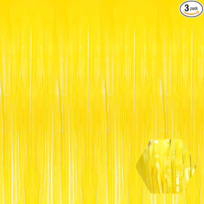 3 Pack Macaron Yellow Foil Fringe Curtain Backdrop, 3.28Ft x 6.6Ft Metallic Tinsel Foil Fringe Streamer Curtains for Photo Booth, Christmas Day, Thanksgiving, Wedding, New Year Party Decorations
