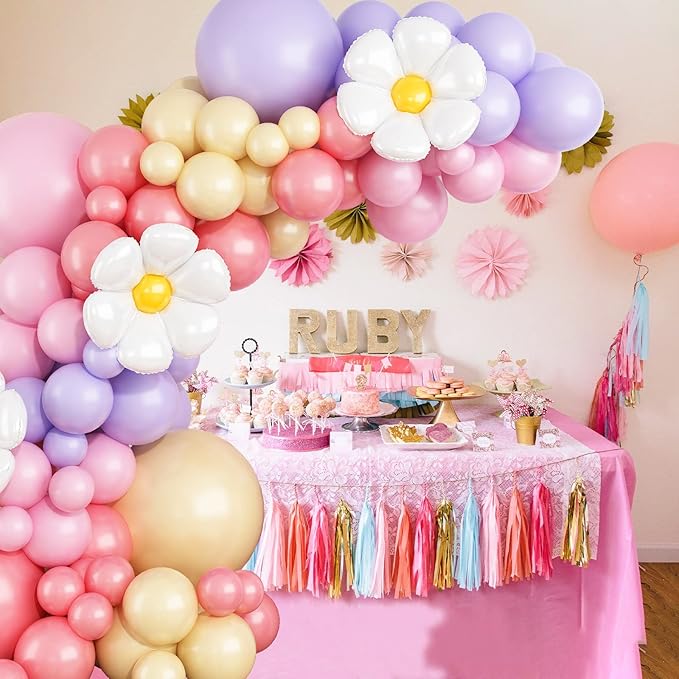 149Pcs Daisy Balloon Garland Arch Kit, Pastel Pink Purple Orange Matte Dusty Pink Boho Groovy Daisy Flower Latex Balloon Garland for Girls Women Bridal Baby Shower Wedding Birthday Party Decorations