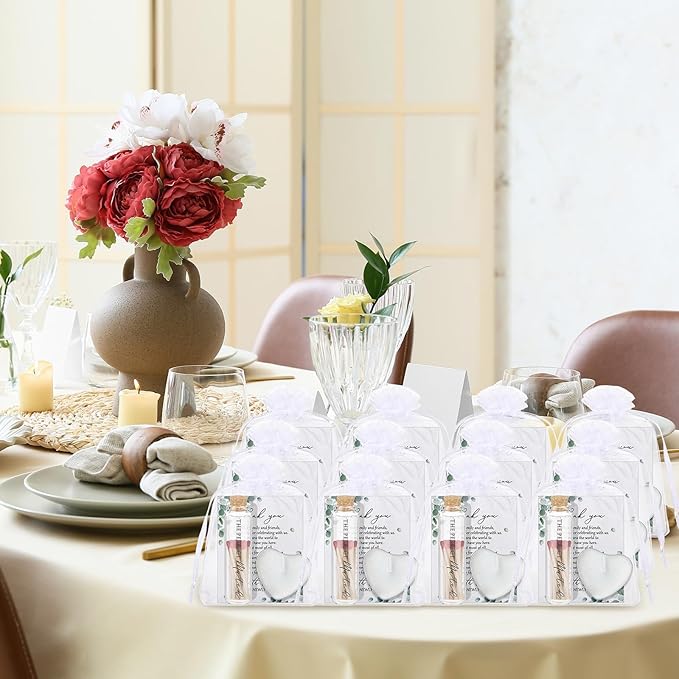 50 Sets Wedding Party Favors for Guests Bulk Including Mini Heart Shaped Candles and Empty Matches Jars with Cork Top Thank You Cards and Organza Bags for Wedding Bridal Shower Party Souvenir