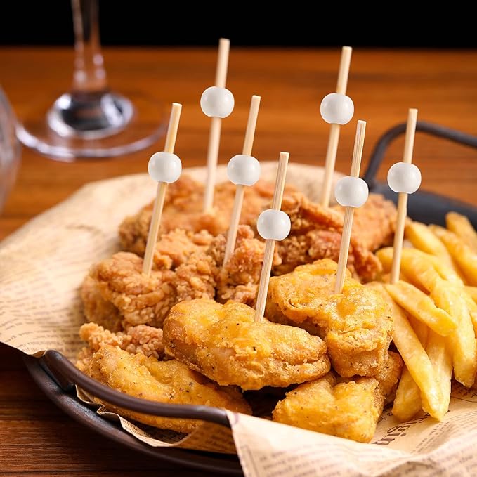 200 Pcs Cocktail Picks, 4.7 Inch Toothpicks for Appetizers, Bamboo Cocktail Sticks Skewers for Drinks, Desserts, Charcuterie, Wedding Party Fancy Toothpicks, Natural Pearl Mini Food Picks Decorative