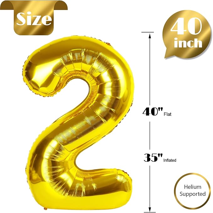 Gold Number 2 Balloon 40 Inch, 2 Balloon Number, 2nd Birthday Decorations for Baby Girls Boys Toddlers