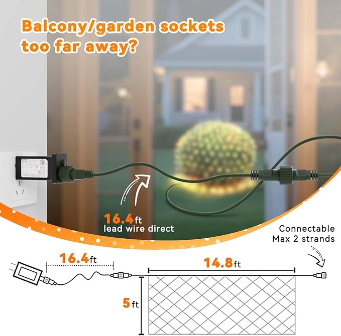 LitHome 14.8FT x 5FT Christmas Net Lights Outdoor Mesh Lights, 300 LED Warm White Net Light 8 Modes Connectable, Waterproof Giant Christmas Mesh Light Green Wire for Bushes Garden Yard Party Decor